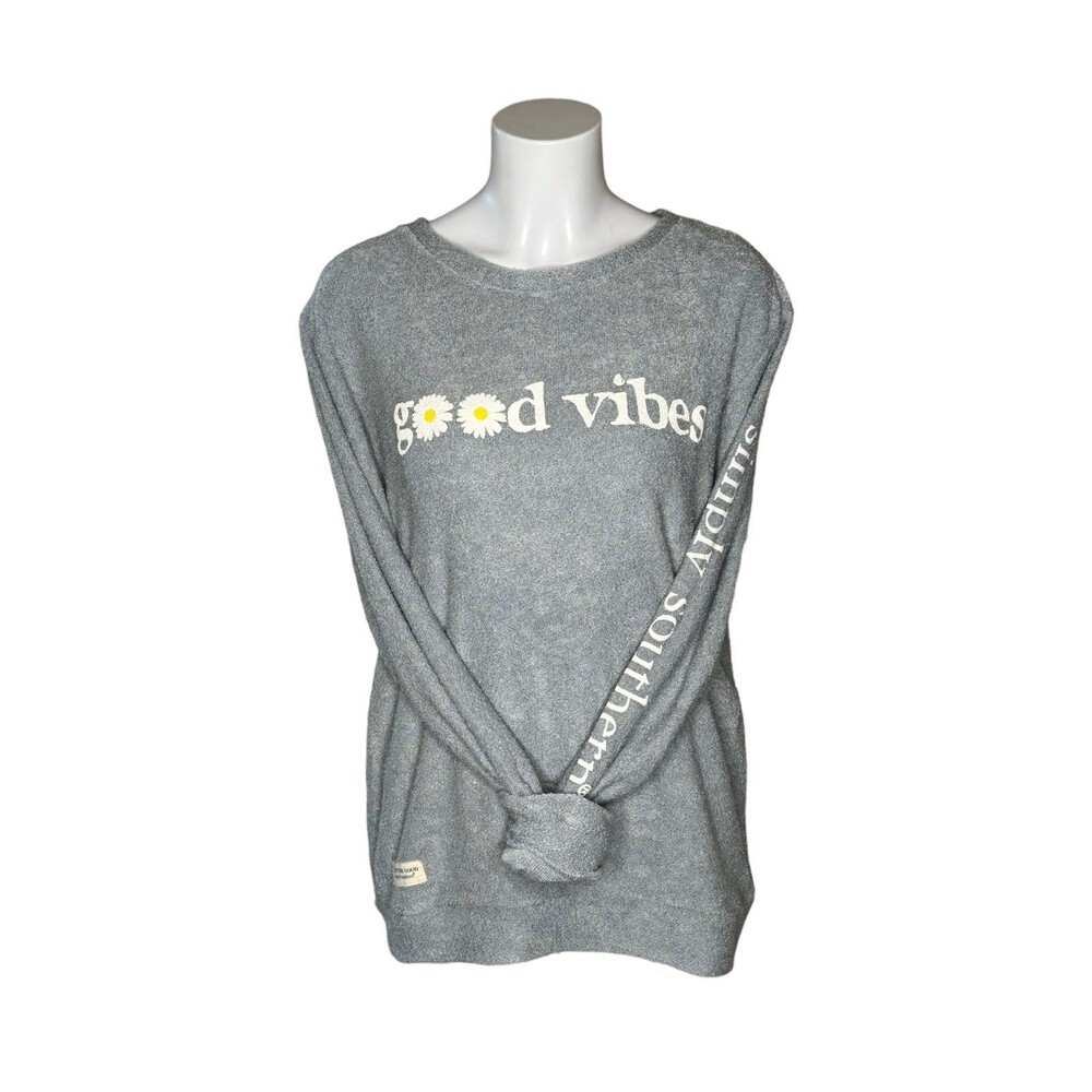 Simply Southern Inside Out Crewneck Sweatshirt Light Blue Good Vibes Daisy Large